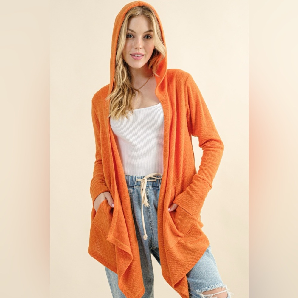 And The Why Full Size Thermal Hooded Open Front Cardigan with Pockets